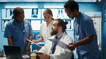 Diverse international medical students in a Caribbean-style campus or clinical learning environment
