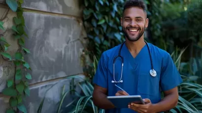 Caribbean medical student on tropical campus