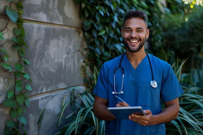 Caribbean medical student on tropical campus