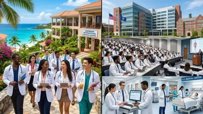 Left side: Caribbean medical school vibe tropical campus / international students / white coats Right side: U.S. medical school vibe modern hospital / lecture hall / medical campus / U.S.-style clinical setting