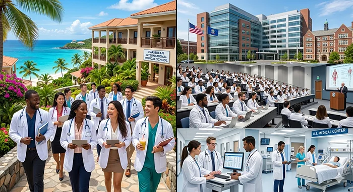 Left side: Caribbean medical school vibe tropical campus / international students / white coats Right side: U.S. medical school vibe modern hospital / lecture hall / medical campus / U.S.-style clinical setting