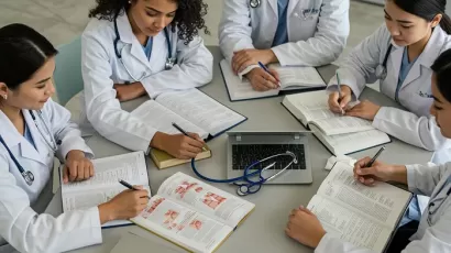 A group of international medical students studying together in a modern academic setting with medical textbooks, laptops, anatomy notes, and a stethoscope, realistic, focused, professional educational blog banner style.