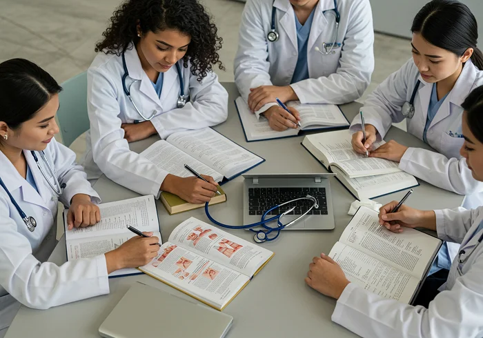 A group of international medical students studying together in a modern academic setting with medical textbooks, laptops, anatomy notes, and a stethoscope, realistic, focused, professional educational blog banner style.